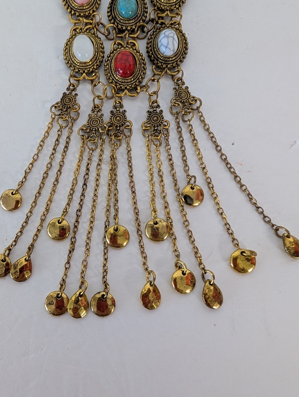 Bohemian Statement Tassel Necklace - Faux Stone  Gold Tone 21 Inches - Picture 3 of 5